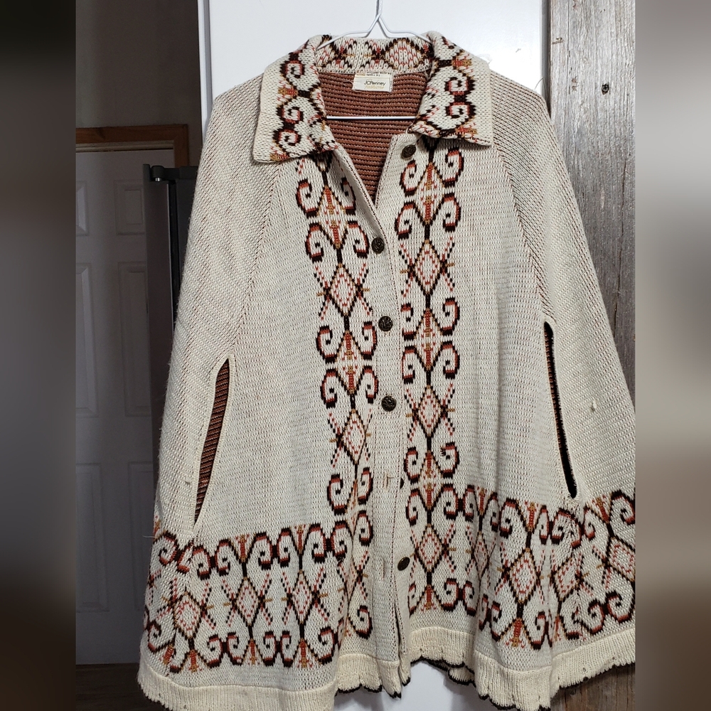 Vintage Jcpennys Knitted Wool Blend Sweater Cape Poncho With Arm Slit Openings